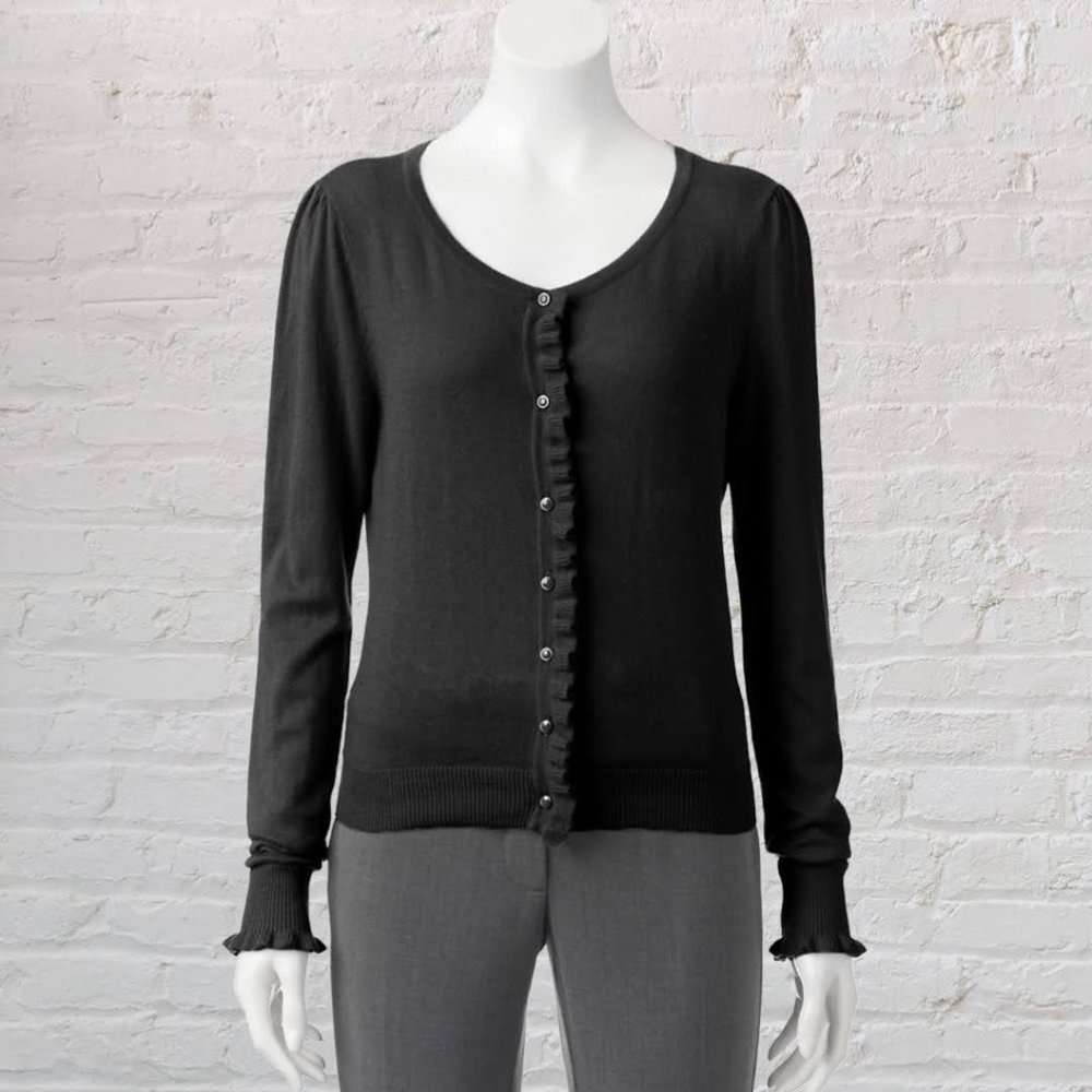 Elle Ruffled Black Cardigan Size XL - Picture 2 of 7